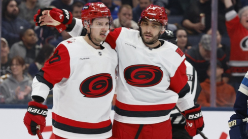 Mar 31, 2026; Columbus, Ohio, USA; Carolina Hurricanes defenseman Shayne Gostisbehere (4) celebrates his goal against the Columbus Blue Jackets during the first period at Nationwide Arena.
