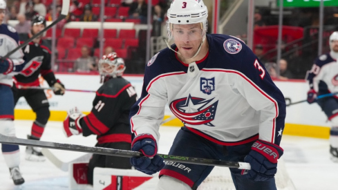 Apr 2, 2026; Raleigh, North Carolina, USA; Columbus Blue Jackets center Charlie Coyle (3) skates against the Carolina Hurricanes during the second period at Lenovo Center.