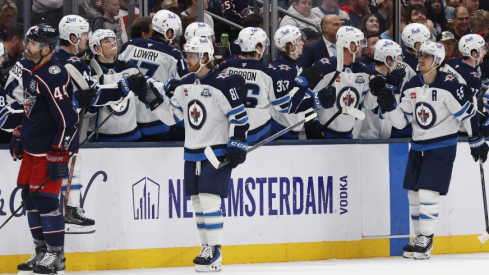 Apr 4, 2026; Columbus, Ohio, USA; Winnipeg Jets left wing Kyle Connor (81) celebrates his goal against the Columbus Blue Jackets during the second period at Nationwide Arena.