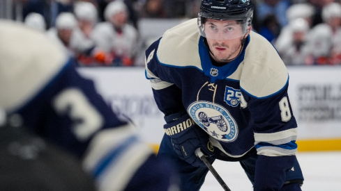 Feb 28, 2026; Columbus, Ohio, USA; Columbus Blue Jackets defenseman Zach Werenski (8) awaits the face-off against the New York Islanders in the second period at Nationwide Arena. Mandatory Credit: Aaron Doster-Imagn Images