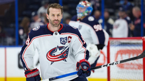 Mar 10, 2026; Tampa, Florida, USA; Columbus Blue Jackets center Boone Jenner (38) warms up before a game against the before a game against the Tampa Bay Lightning at Benchmark International Arena. Mandatory Credit: Nathan Ray Seebeck-Imagn Images