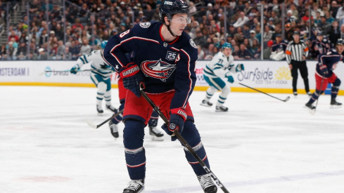 Mar 28, 2026; Columbus, Ohio, USA; Columbus Blue Jackets defenseman Zach Werenski (8) controls the puck against the San Jose Sharks during the first period at Nationwide Arena. Mandatory Credit: Russell LaBounty-Imagn Images
