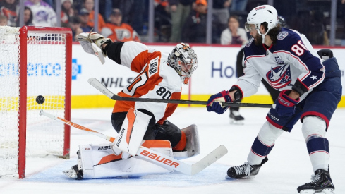 Mar 14, 2026; Philadelphia, Pennsylvania, USA; Columbus Blue Jackets right wing Kirill Marchenko (86) scores a shootout goal against Philadelphia Flyers goalie Dan Vladar (80) in overtime at Xfinity Mobile Arena. Mandatory Credit: Kyle Ross-Imagn Images