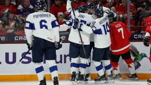 Dec 31, 2025; Minneapolis, Minnesota, UNITED STATES; Finland forward Oliver Suvanto (38) celebrates his goal against Canada during the first period in group play during the 2026 IIHF World Junior Championship at 3M Arena. Mandatory Credit: Matt Krohn-Imagn Images