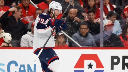 Apr 7, 2026; Detroit, Michigan, USA; Columbus Blue Jackets center Adam Fantilli (19) celebrates after scoring in the third period against the Detroit Red Wingsat Little Caesars Arena. Mandatory Credit: Rick Osentoski-Imagn Images