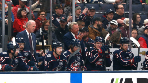 Jan 13, 2026; Columbus, Ohio, USA; Columbus Blue Jackets new head coach Rick Bowness instructs the bench during the first period against the Calgary Flames at Nationwide Arena. Mandatory Credit: Russell LaBounty-Imagn Images