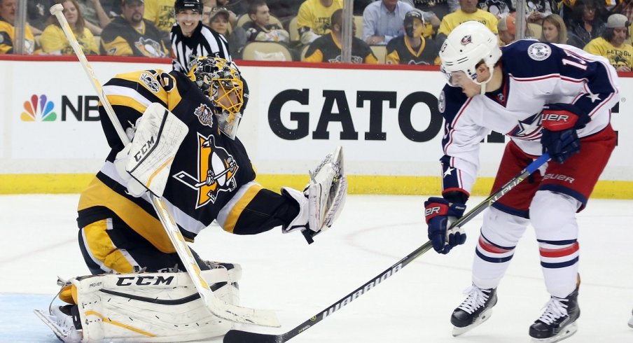 Marc-Andre Fleury grabs another shot by the Blue Jackets