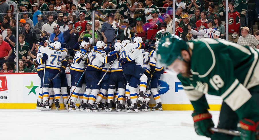St. Louis Blues celebrate their series-clinching win over the Minnesota Wild.