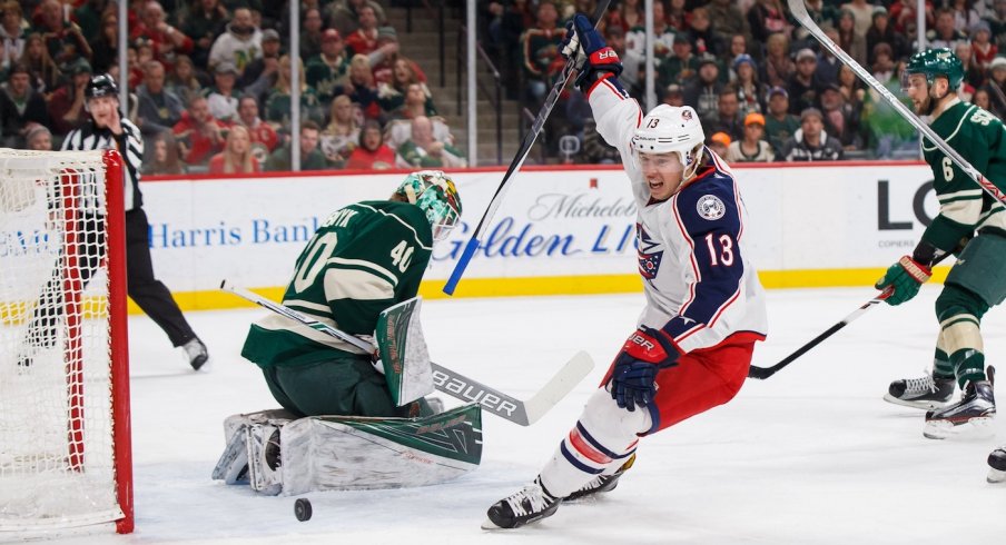 Cam Atkinson celebrates scoring a goal against the Minnesota Wild on New Year's Eve