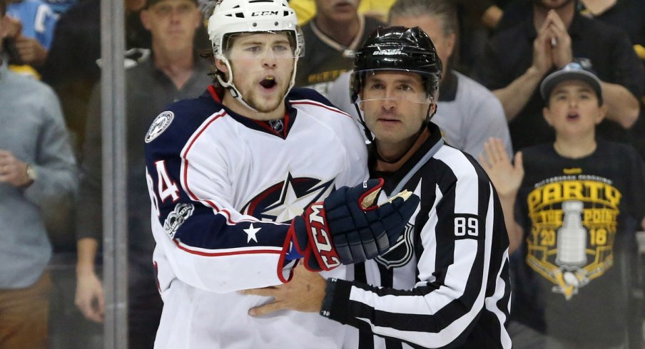 Josh Anderson argues a call during their first round series against the Penguins.