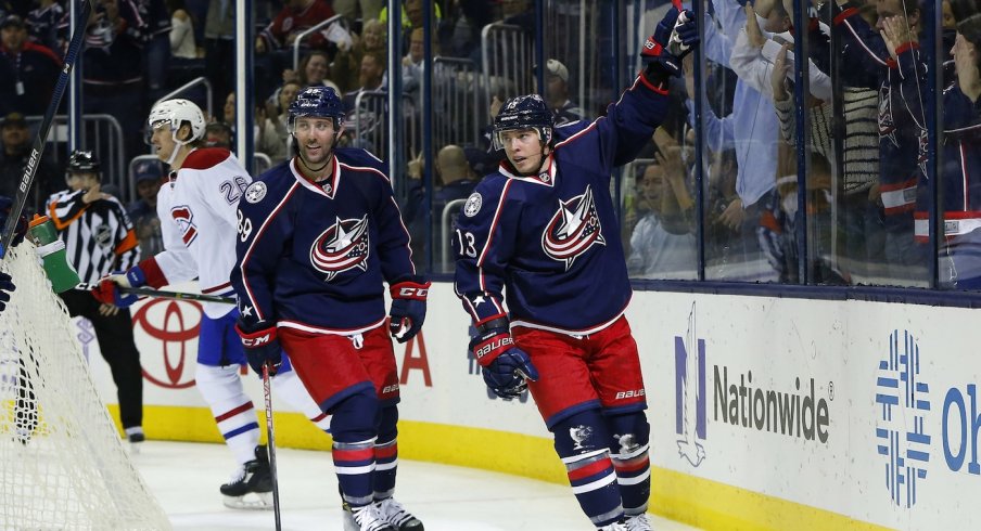 Cam Atkinson celebrates after scoring the first goal of the game on the power play.