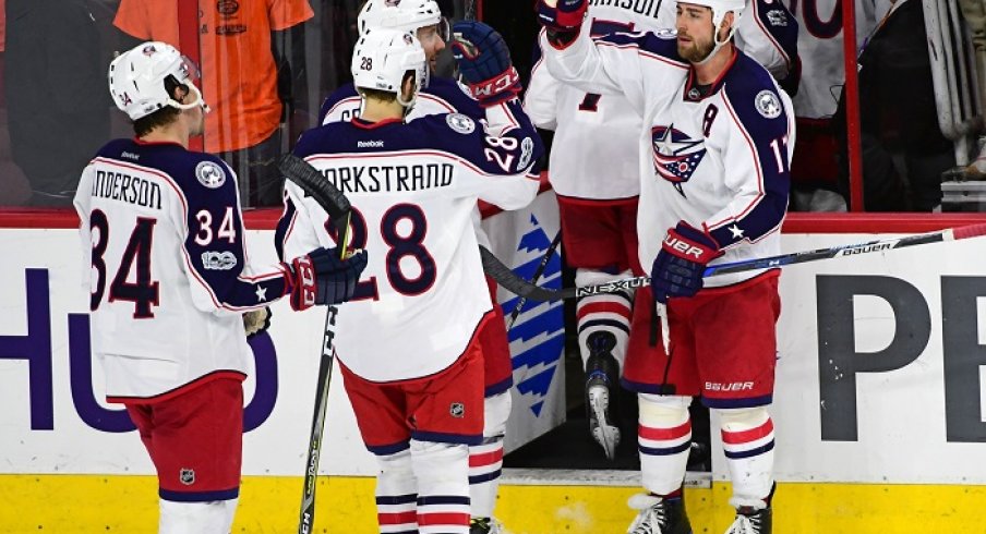 The Blue Jackets celebrate win No. 44 vs. Philadelphia