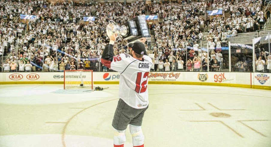 Ryan Craig celebrates his Calder Cup win with the Cleveland Monsters