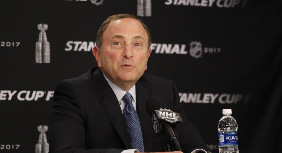 Gary Bettman speaks to the media before a 2017 Stanley Cup playoff game