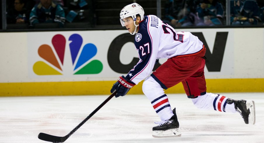 Ryan Murray skating the puck up the ice on the transition