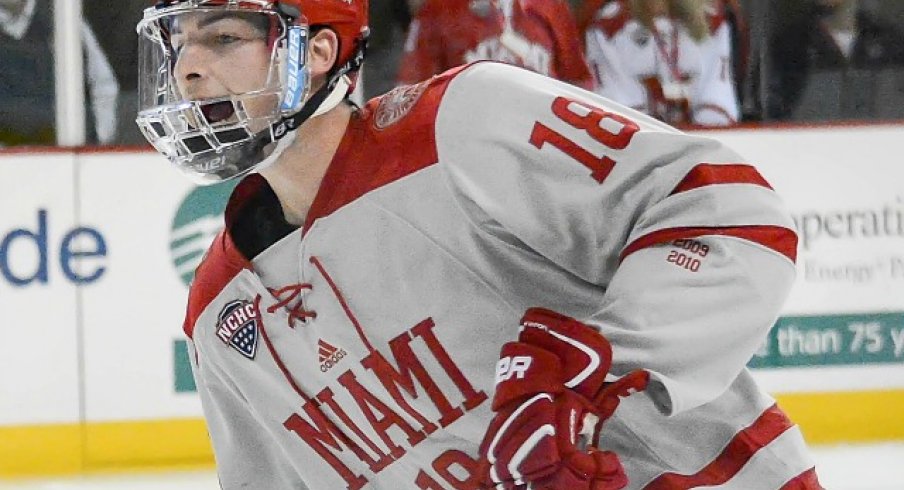 Columbus, Ohio's Carson Meyer skating pre-game.