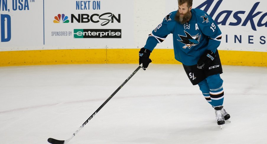 Joe Thornton skates with the puck during pregame warm ups