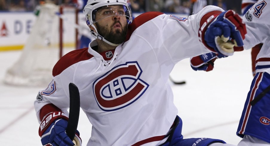 Alexander Radulov celebrating after scoring a goal.