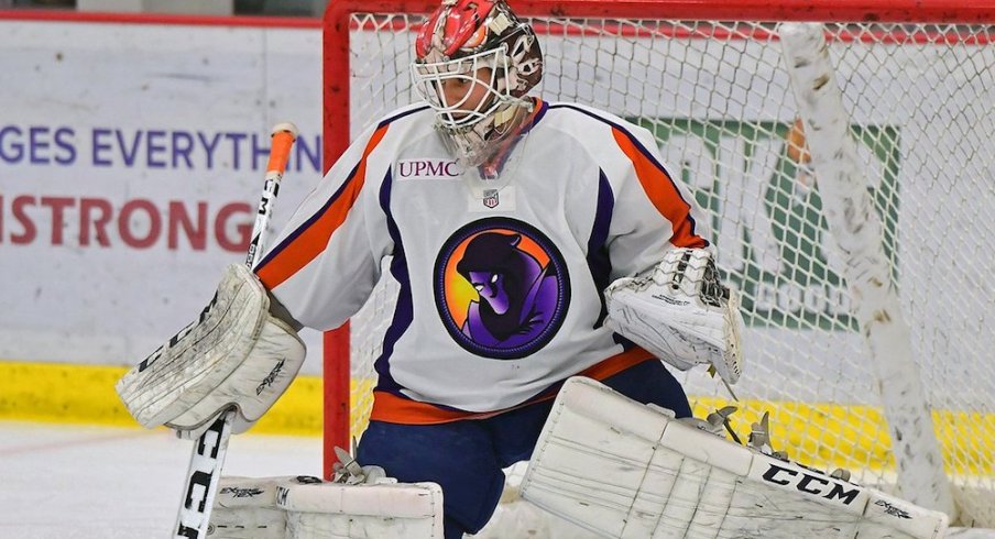 Ivan Kublakov waits for the puck to come to him as he is in the net.