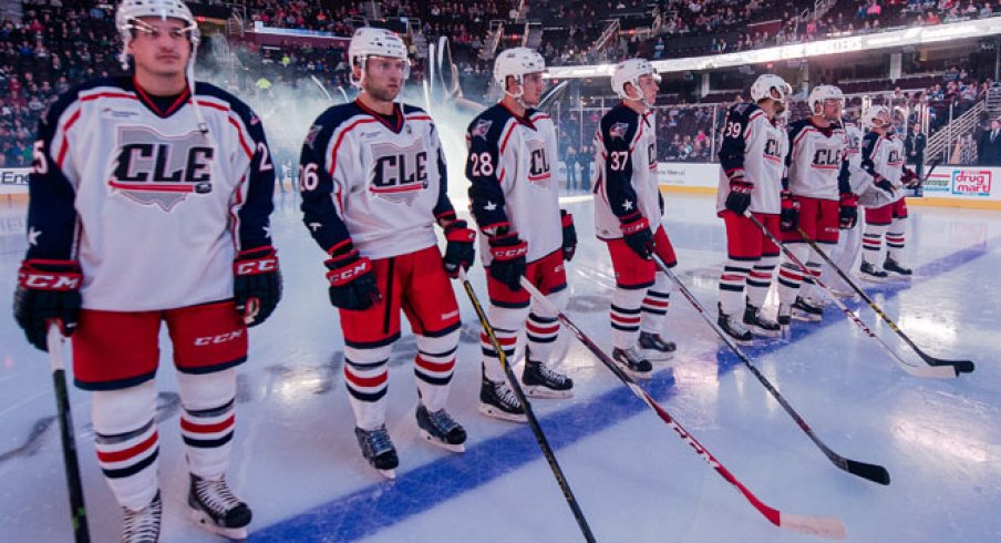 The Cleveland Monsters get ready during pre-game warm ups.