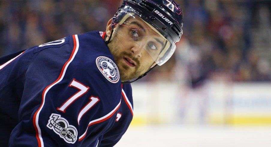 Nick Foligno looks back to the bench for suggestions