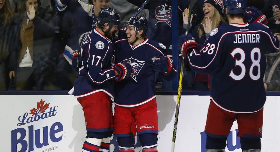 Cam Atkinson, Brandon Dubinsky and Boone Jenner