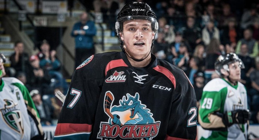 Calvin Thurkauf skates away after play stops during a Kelowna Rockets game