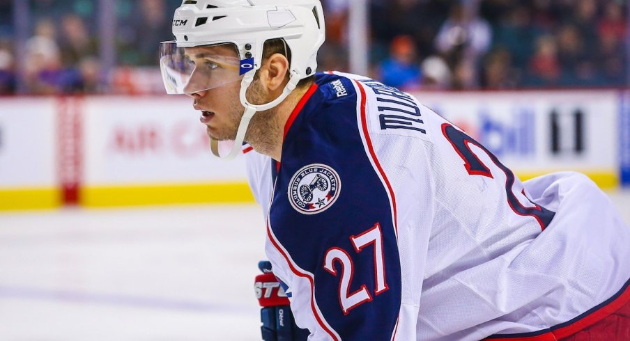 Ryan Murray waits for the puck to be dropped for a faceoff