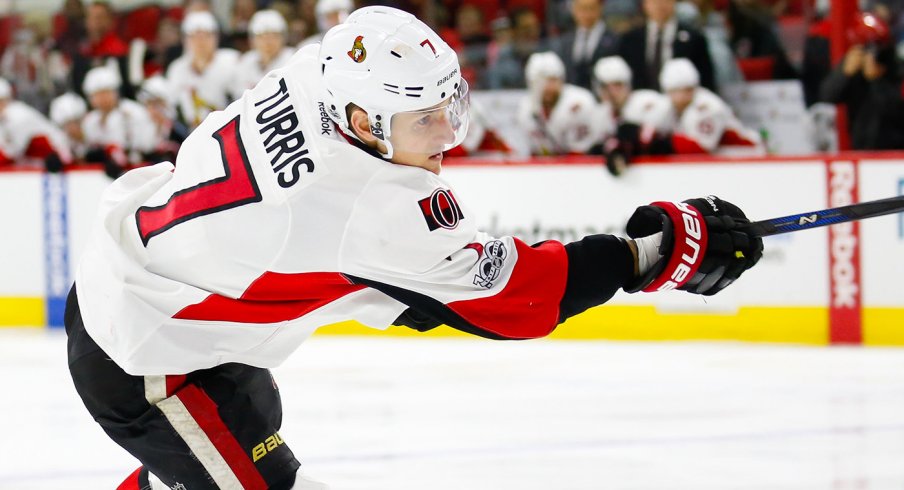 Kyle Turris shoots the puck versus the Carolina Hurricanes 