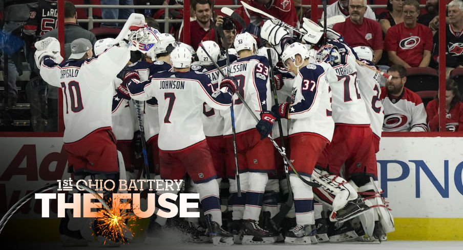 Columbus Blue Jackets celebrate overtime winner by Sonny Milano