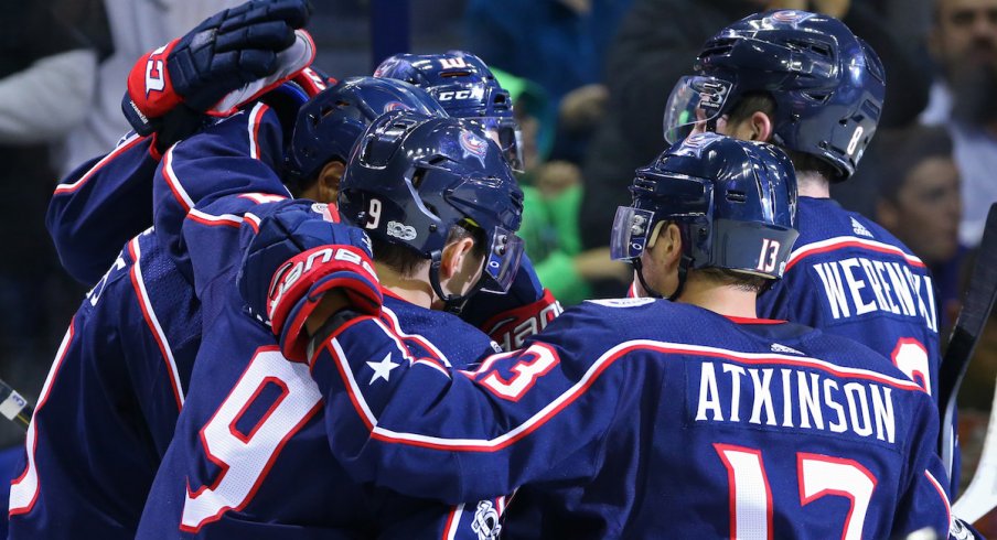 Blue Jackets celebrate a home win over the New York Rangers