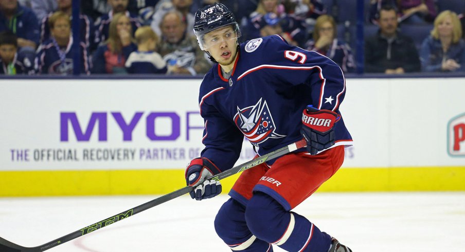 Artemi Panarin awaits a pass at Nationwide Arena.