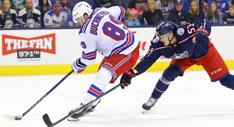 Gabriel Carlsson stretches to make a play vs. the Rangers