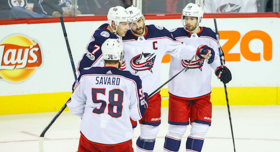 Blue Jackets celebrate a goal from captain Nick Foligno