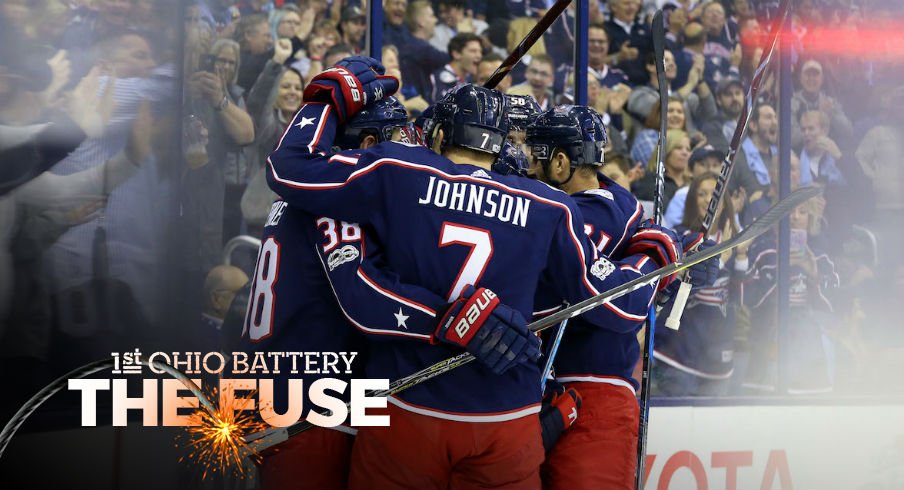 Blue Jackets celebrate a goal against the Kings 