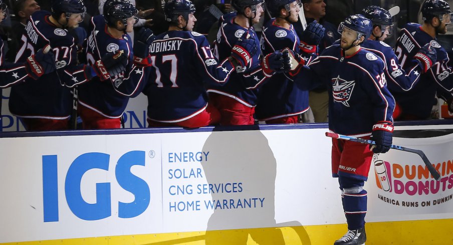 Oliver Bjorkstrand celebrates a power play goal against the Buffalo Sabres. 