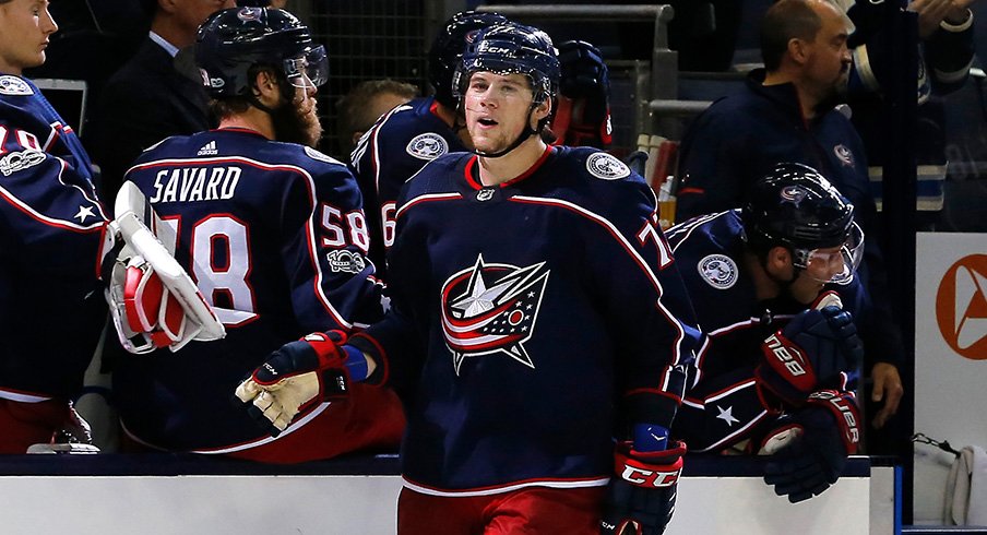 Josh Anderson celebrates a goal against the Buffalo Sabres at Nationwide Arena 