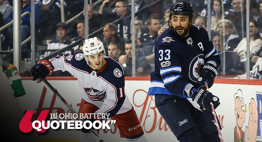 Dustin Byfuglien skates with the puck against the Blue Jackets in their last matchup