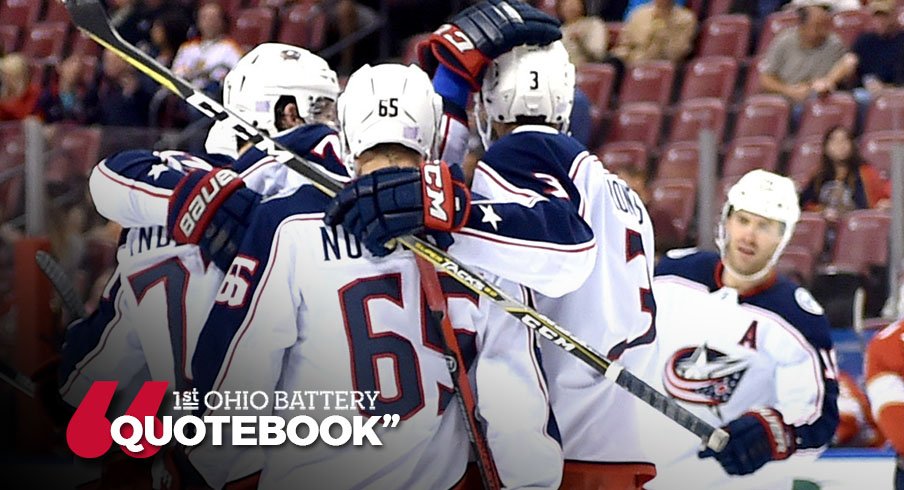The Blue Jackets celebrate a goal against the Florida Panthers at the BB&T Center on Thursday, November 2, 2017 