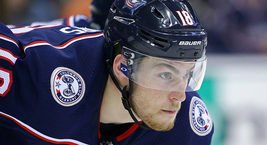 Pierre Luc Dubois looks intently across the ice before a face-off at Nationwide Arena 