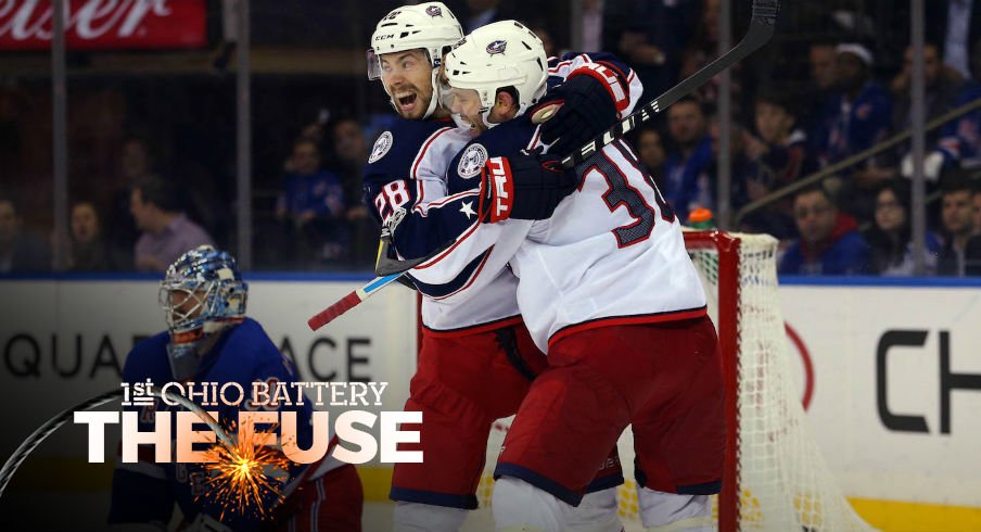 Blue Jackets celebrate a goal against the New York Rangers