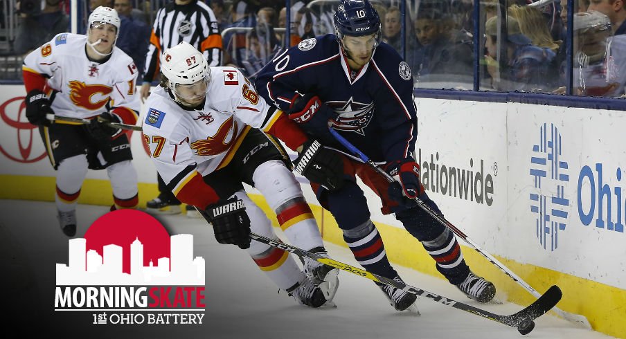 Michael Frolik chases down Alex Wennberg and push him off of the puck