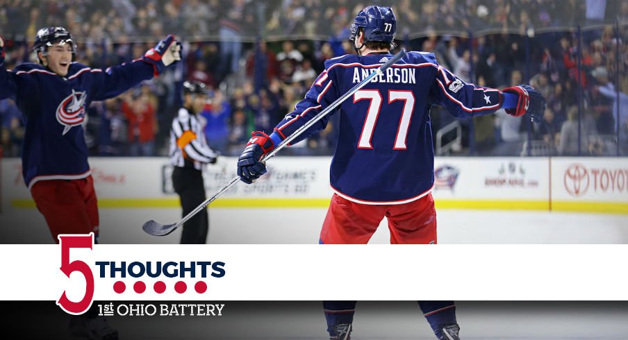 Blue Jackets forward Josh Anderson celebrates his OT goal