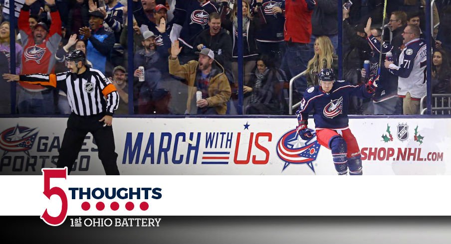 Blue Jackets forward Cam Atkinson celebrates a goal against the Ottawa Senators at Nationwide Arena