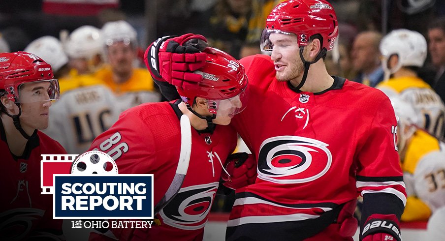 Brett Pesce and Teuvo Teravainen celebrate a goal for the Carolina Hurricanes