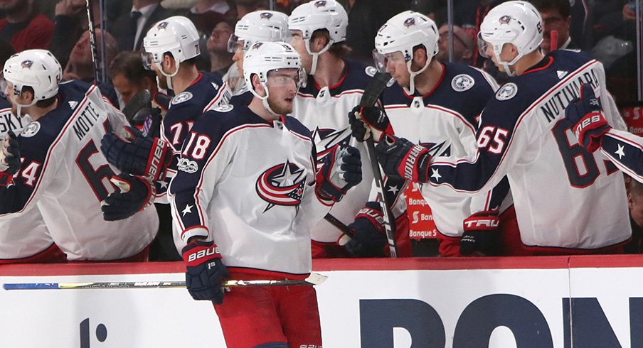 Pierre Luc Dubois celebrates a goal in his hometown of Montreal on Monday.