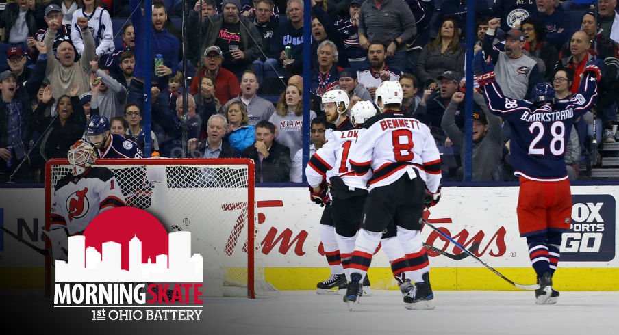 Oliver Bjorkstrand celebrates scoring a goal against the New Jersey Devils