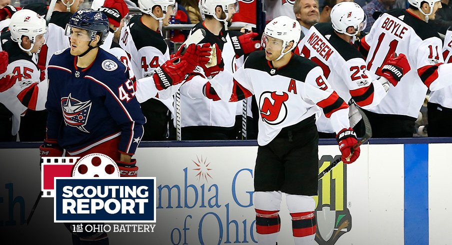 Taylor Hall celebrates a Devils goal against the Blue Jackets at Nationwide Arena