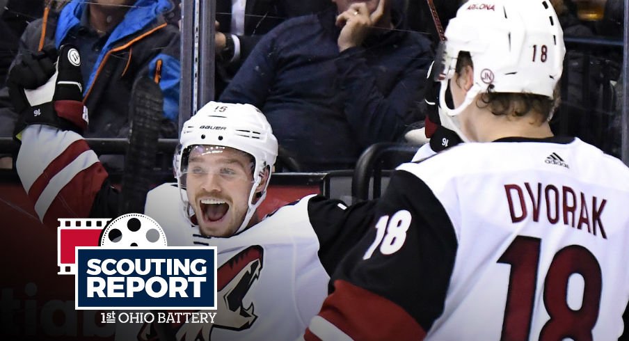 Arizona Coyotes forwards Max Domi and Christian Dvorak celebrate a goal