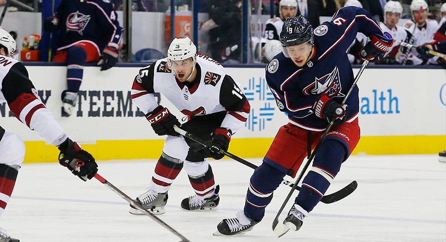 Artemi Panarin carries the puck against the Arizona Coyotes at Nationwide Arena. Panarin assisted on the game's only goal – one night after a five-assist game. 